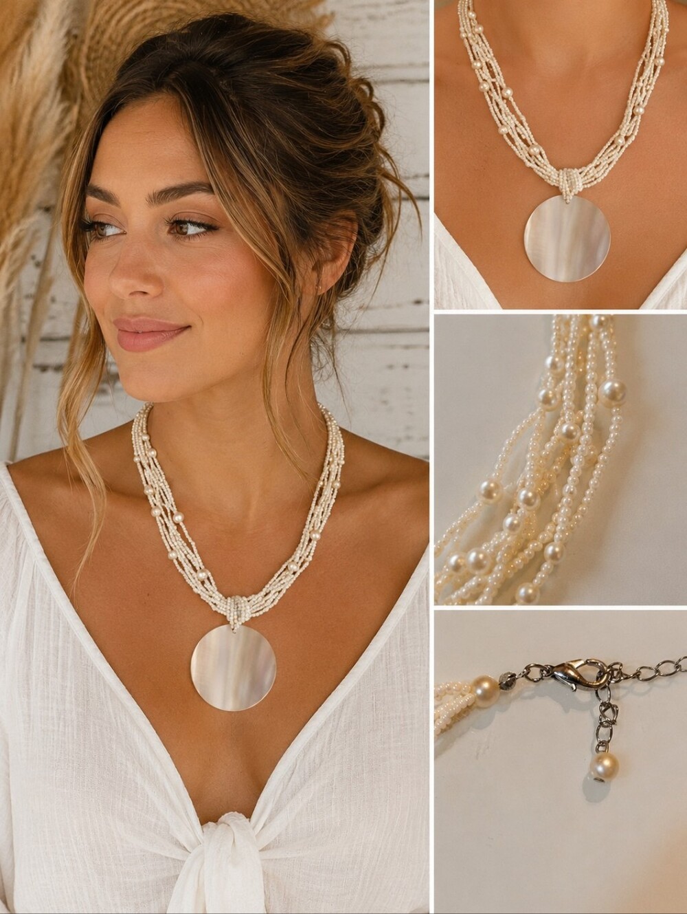 Multi Strand Seed Bead Faux Pearl Necklace Shell Disc Pendant Boho Chic EUC